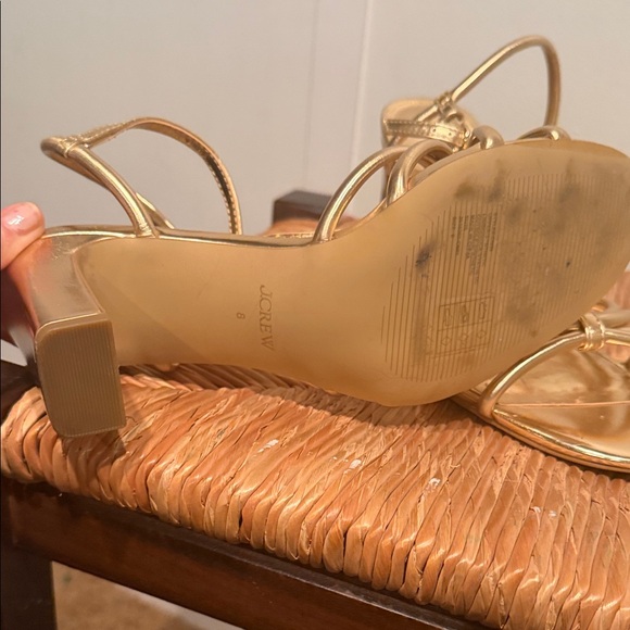 J. Crew Factory Metallic Gold Strappy T‑Bar Block Heel Sandals - Picture 3 of 4